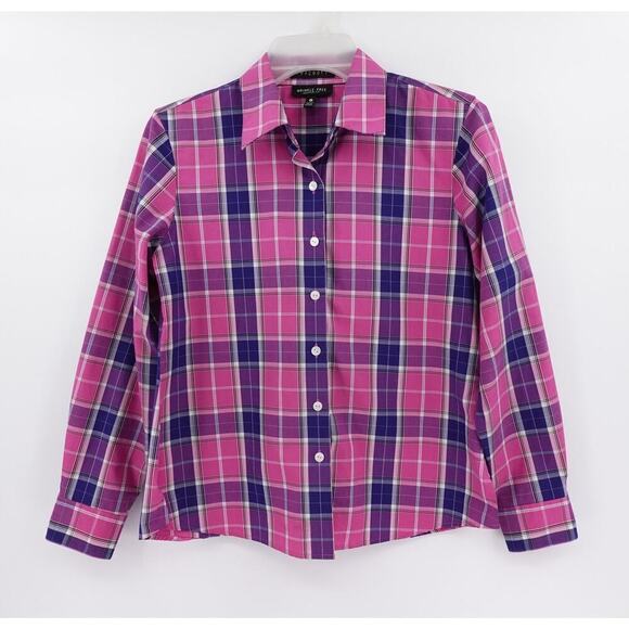 Foxcroft Womens Shirt Wrinkle Free 8P Petite 8 Pink Plaid Button Up Shaped Fit - Picture 1 of 11